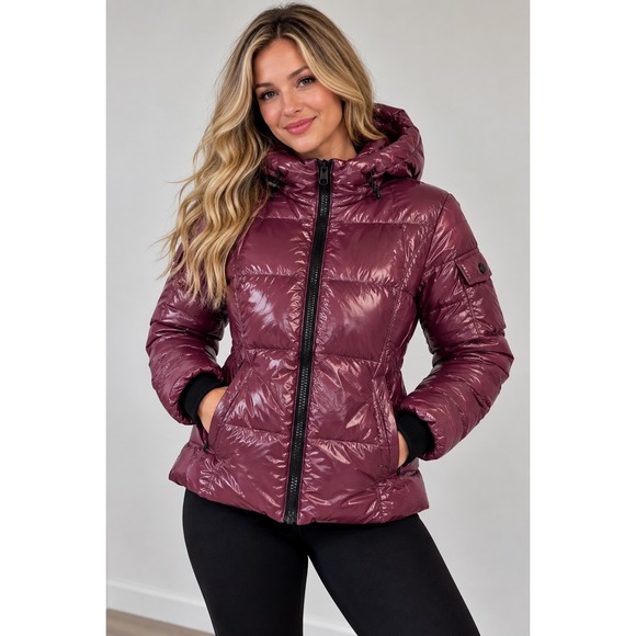 S13 Jackets & Blazers - S13 New York Womens XS Burgundy Down Puffer Jacket Shiny Hooded Winter Coat